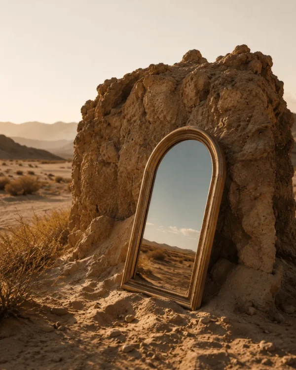 Golden mirror standing in the desert